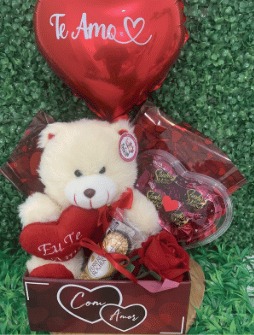 Cesta Urso "Eu Te Amo" com Rosa Permanente (Sob Encomenda)