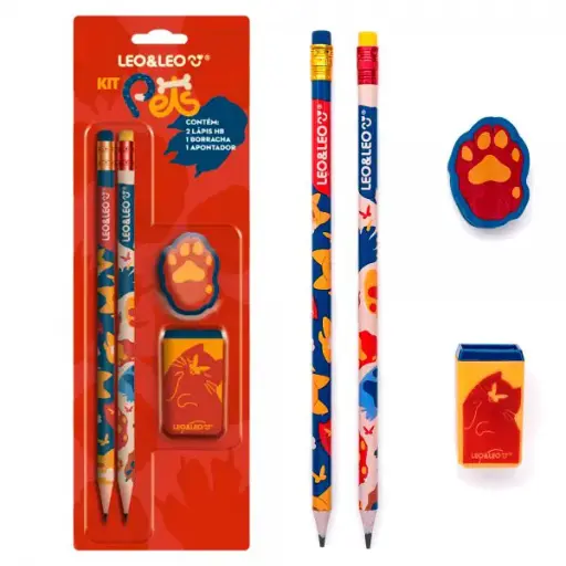 LÁPIS LEONORA PETS 2 LÁPIS + APONTADOR + BORRACHA CARTELA C/4