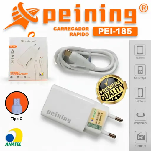 Carregador Rapido Peining PEI-185 USB V8 Tipo-C 20W/3.1A Bivolt Com Protecao Compacto Portatil Celulares Android Anatel